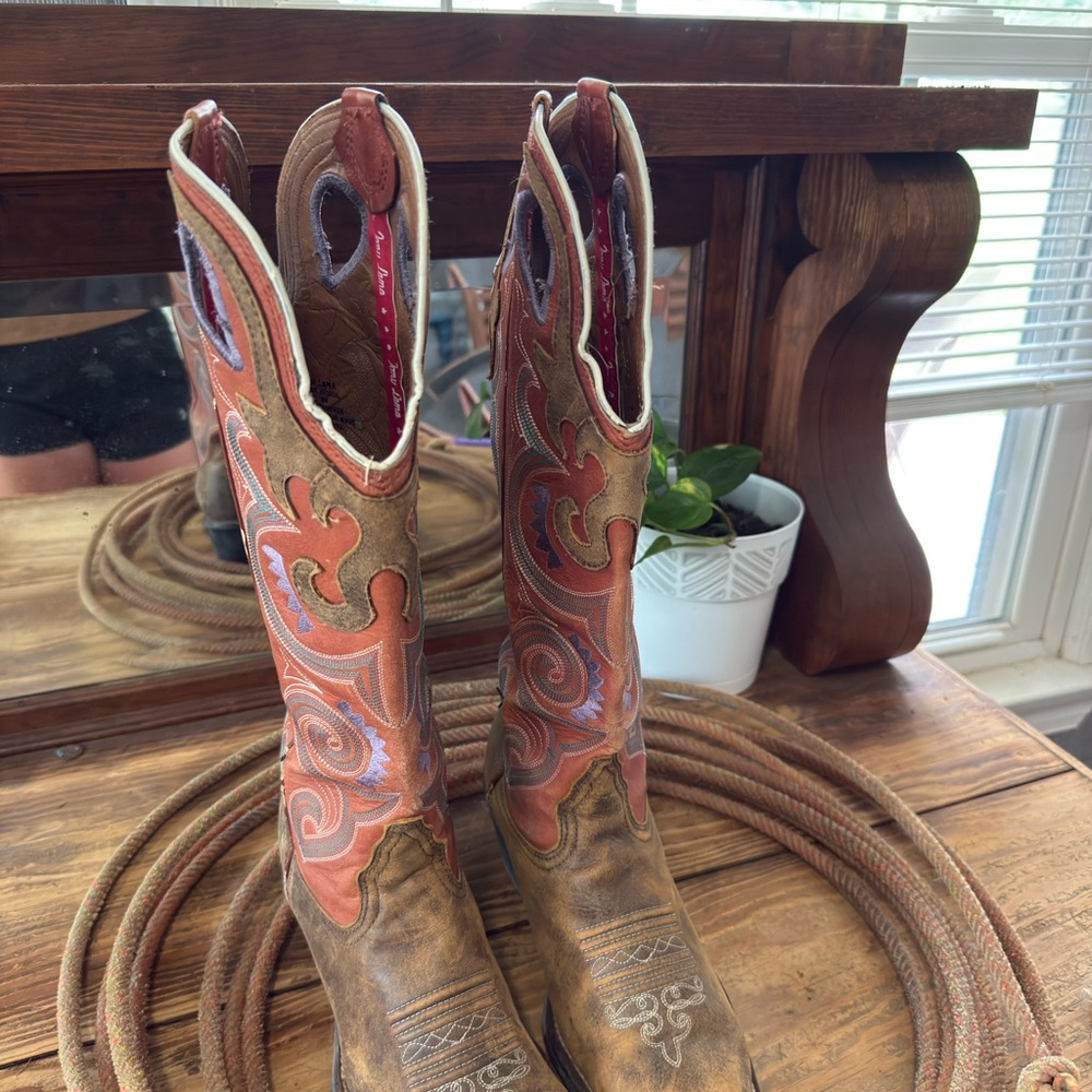 Tony Lama Orange and Brown Leather Western Boots - Picture 2 of 3